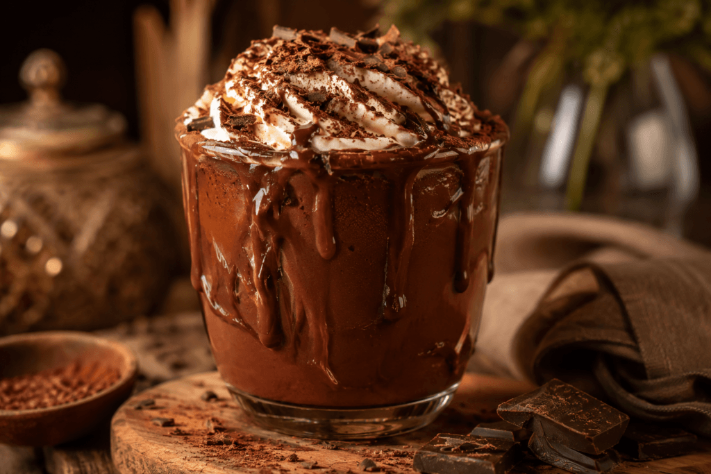 Caneca de chocolate quente cremoso vegano com chantilly vegetal e raspas de chocolate, feito com Óleo de Coco Palmiste Tauá Food