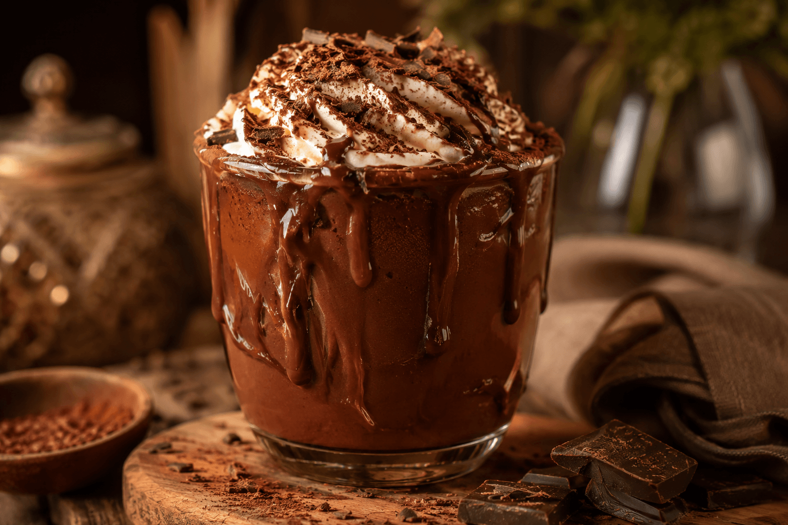 Caneca de chocolate quente cremoso vegano com chantilly vegetal e raspas de chocolate, feito com Óleo de Coco Palmiste Tauá Food