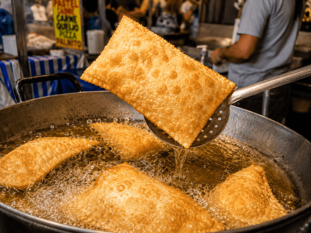Pastel de feira crocante e dourado frito na Fluída Frita+ Tauá Food