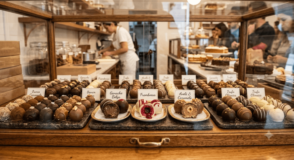Trufas e bombons para revenda em vitrine de doceria feitos com Óleo de Coco Palmiste Tauá Food