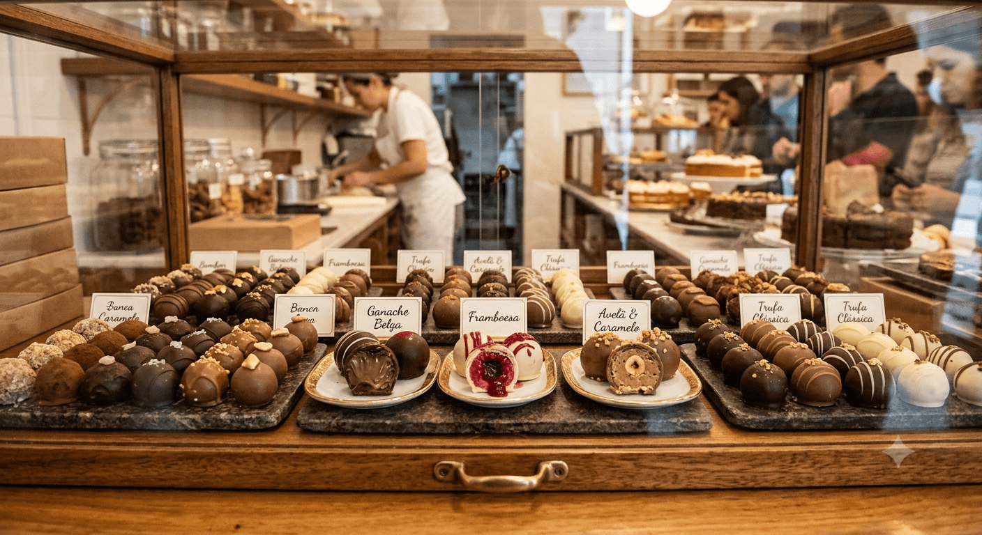 Trufas e bombons para revenda em vitrine de doceria feitos com Óleo de Coco Palmiste Tauá Food